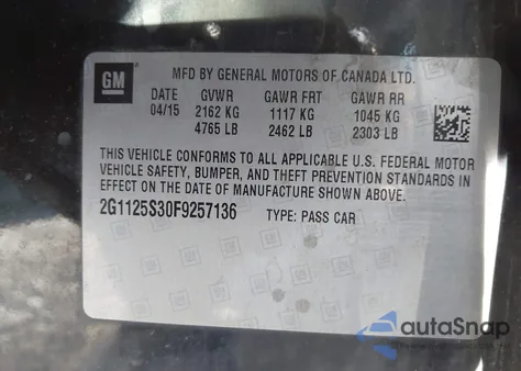 2015 Chevrolet Impala 2Lt from USA, damaged, VIN 2G1125S30F9257136